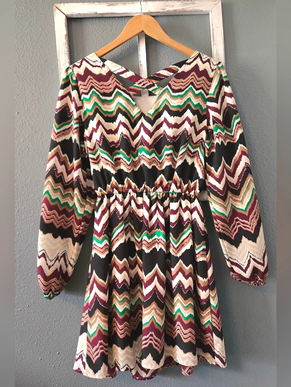 Takara Chevron Zig-Zag Blouson Mini Dress | Size M | Boho Earth Tones